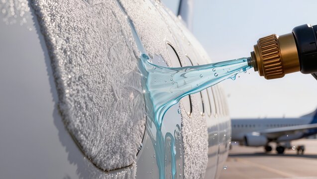 Blue deicing fluid spraying from a nozzle onto a frosty commercial airplane fuselage, highlighting aircraft deicing, winter aviation safety, and ground operations