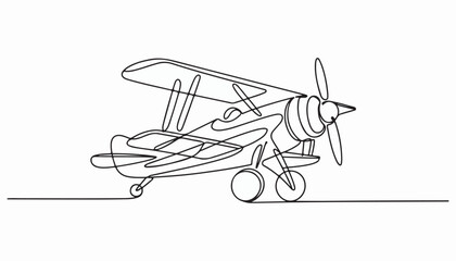 One continuous line illustration of an biplane aircraft , isolated on white background. © line