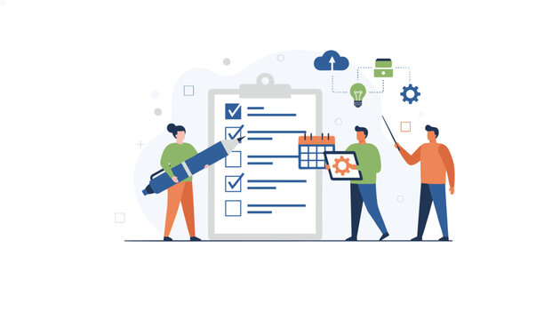 Collaborative business team organizing tasks on a giant clipboard checklist with schedule planning icons.