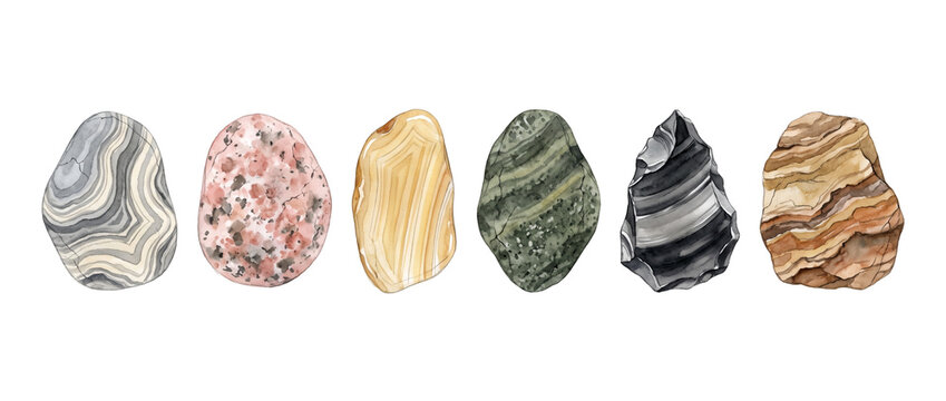 Watercolor mineral stones agate collection set isolated on black background, hand painted polished rock crystal gemstone geology specimens for organic natural design element, craft pattern, art.