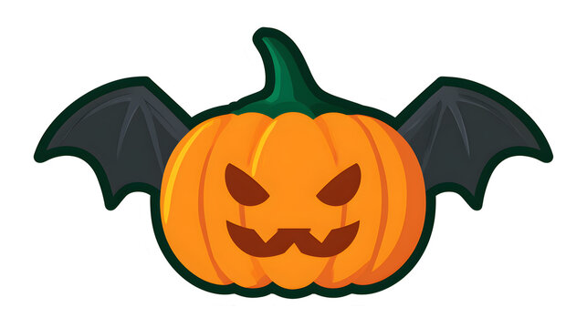 close up of pumpkin with bat wings carved on the sides, festive halloween prop, modern flat design icon, bold colors, sticker style, isolated on white background