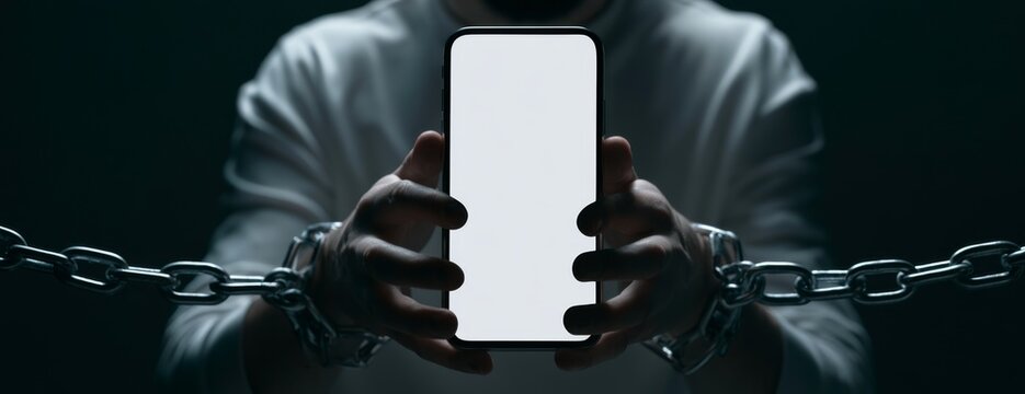 Person holding smartphone with white screen mockup with chained wrists in dark setting, concept of phone addiction