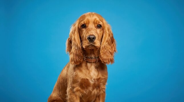 young english cocker spaniel dog posing on blue studio background