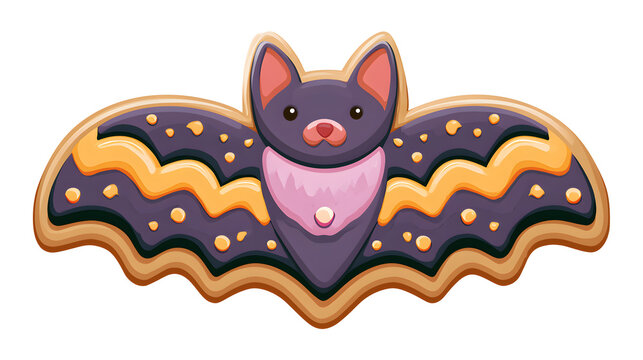 close up of spooky cookie shaped like a bat with icing, festive candy prop, vector sticker design, clean edges, vibrant flat colors, isolated on white background
