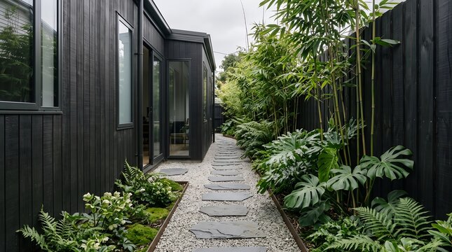 Modern minimalist black house exterior with lush garden path and tropical foliage