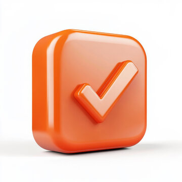 This 3D rendered graphic shows a glossy rounded square orange button, with a raised matching orange checkmark symbol on its surface, set against a plain white background, presenting a clean and crisp 