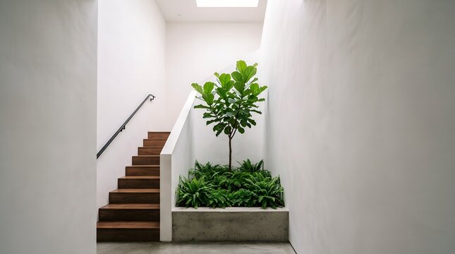Minimalist modern interior design with an atrium featuring indoor tree, green plants, and wooden staircase under skylight
