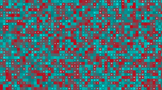 Festive red and teal pixelated mosaic pattern with scattered white stars and dots, creating a vibrant, abstract, and celebratory background, for holiday themes