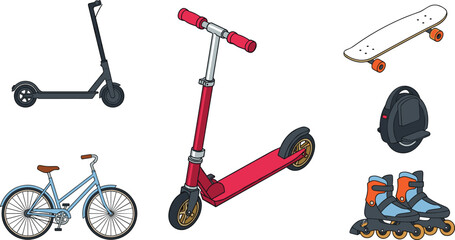 Urban electric kick scooter bicycle skateboard unicycle and roller skates transport vector illustration set representing personal mobility options isolated on white background © MdSazib