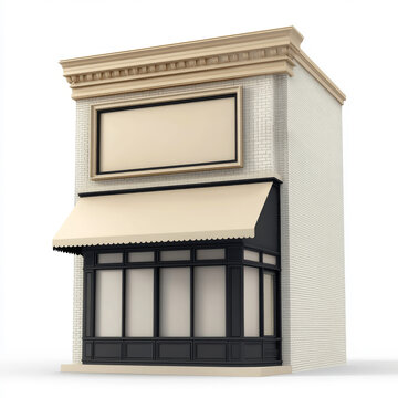 This is a 3D rendered minimalist storefront model, with a light off-white exterior, decorative cornice on the top, a blank rectangular signboard, a beige fabric awning, and black-framed multi-pane 