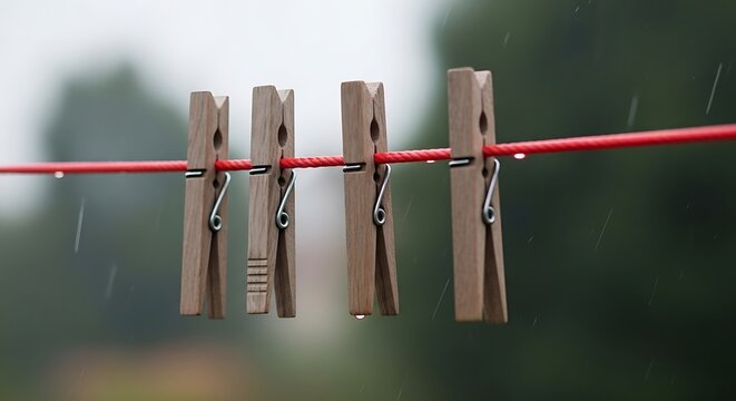 Wooden clothespins hanging on a red clothesline during a rainy day. Perfect for home laundry and household concepts.