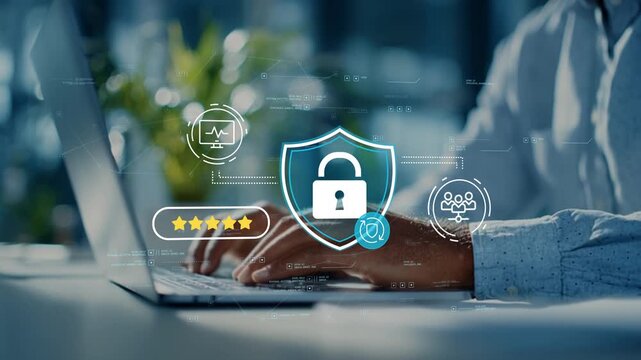 Businessman assessing operational threats with business risk management and digital protection strategy with secure information controls and cybersecurity oversight in modern office
