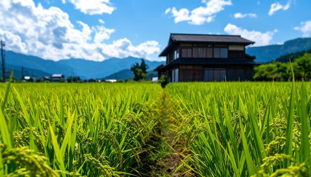 稲穂の間から望む青空と農家
