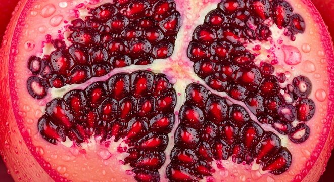 Close-up of a fresh half pomegranate with vibrant red arils and water droplets