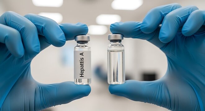 Gloved hands hold vials with Hepatitis A vaccine in a medical laboratory.