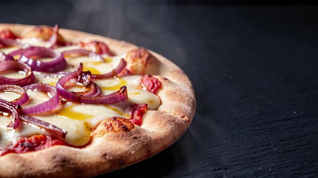 Artisan Pizza With Onion On Dark Table.