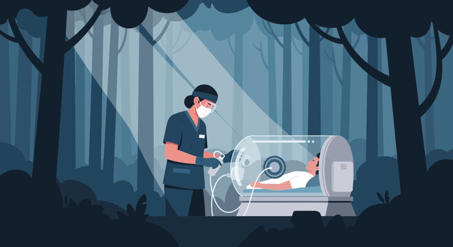 Healthcare worker tending to patient in futuristic medical pod in dark forest