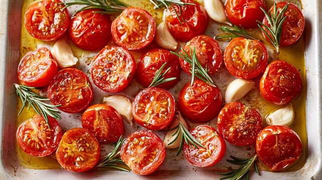 Savor the vibrant colors of roasted tomatoes with garlic and rosemary in a cozy kitchen setting Generative AI