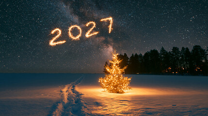 Obraz premium Magical New Year night with twinkling lights and sparkling stars above a snowy landscape Generative AI