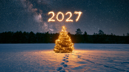 Obraz premium Magical New Year landscape featuring a glowing tree and sparkling stars in the night sky Generative AI