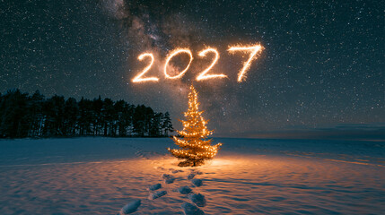 Obraz premium Magical New Year landscape with a glowing tree in a snowy wonderland at night Generative AI