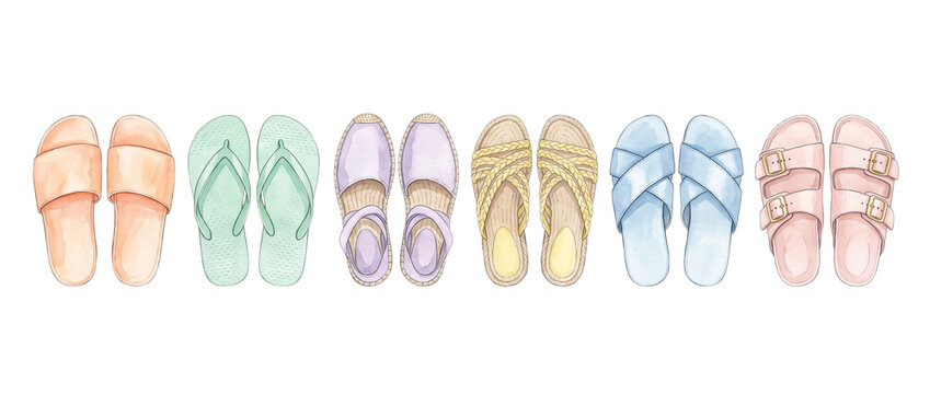 Summer sandals women footwear watercolor collection isolated on black background, set of pastel beach shoes, flip flops, espadrilles, slides, and casual slippers for holiday vacation fashion.