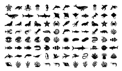 Ocean Animal Silhouette Vector Set with Marine Wildlife Icons Isolated on White Background © Md