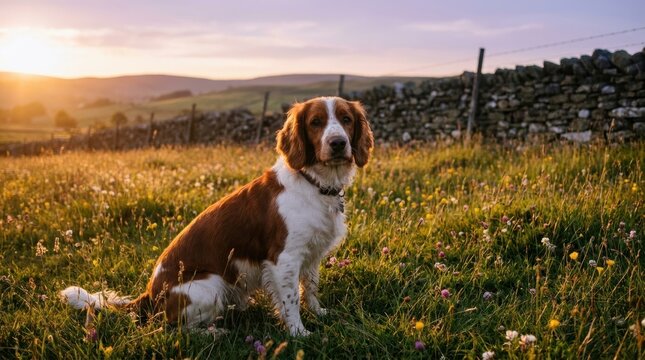 adorable welsh springer spaniel dog sitting outdoors during calm evening