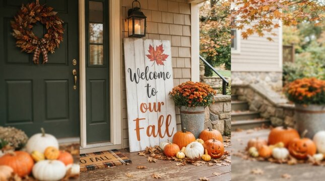 Welcome To Our Fall Wooden Sign On Porch