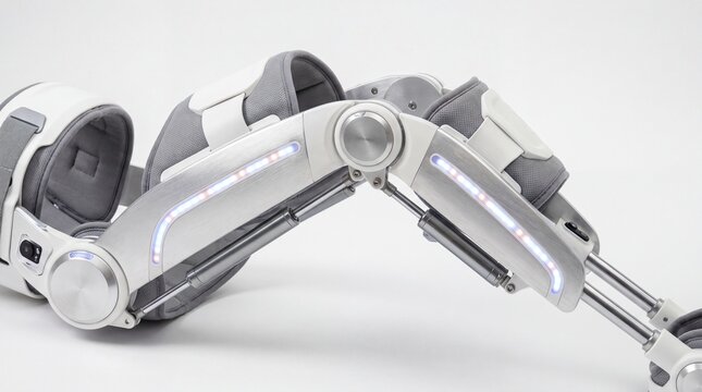 Advanced Robotic Knee Exoskeleton Brace with Integrated LED Lighting and Metallic Joint Mechanisms.