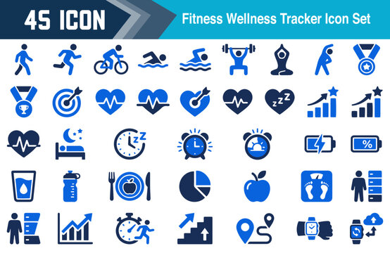 Health and fitness activity icons for wearable technology mobile app and data metrics.