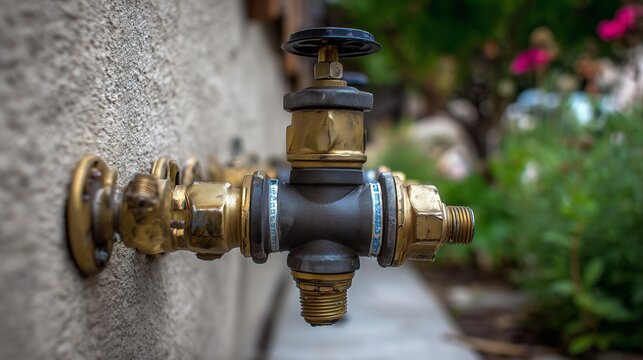 Brass backflow preventer on outdoor wall with pipe fitting, showing repair and installation of a water control valve for safety and contamination prevention.
