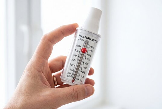 A hand holding a plastic peak flow meter to measure lung capacity and respiratory health status.