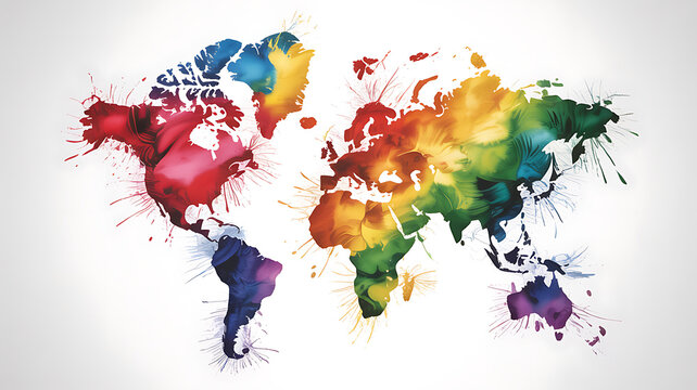 Colorful world map made of many small square pixel blocks in bright rainbow colors showing all continents for modern digital technology and global communication or travel concepts design