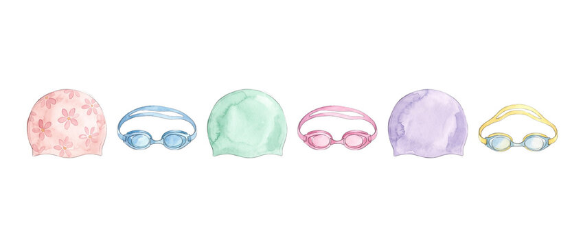Swimming caps and goggles watercolor illustration set isolated on white background for summer pool activities, pastel swim equipment clipart elements, protective eyewear and bathing cap graphic.