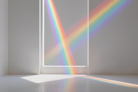 Double arc-en-ciel lumineux traversant une fen&ecirc;tre et projet&eacute; sur un sol et un mur blancs, spectre de lumi&egrave;re naturelle, ph&eacute;nom&egrave;ne optique abstrait, fond minimaliste et color&eacute;
