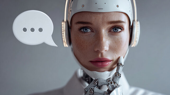 Futuristic female android wearing sleek headphones while contemplating deep thoughts with a digital speech bubble icon