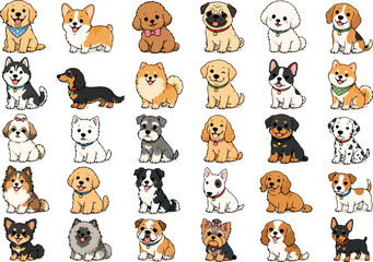Obraz premium Cute Cartoon Dogs and Puppies Sticker Bundle - 30 Kawaii Domestic Pets Vector Clip Art Pack