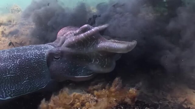 Giant Cuttlefish (Sepia officinalis) Releasing Sepia Ink Cloud, Marine Cephalopod Melanin Pseudomorph Escape Mechanism