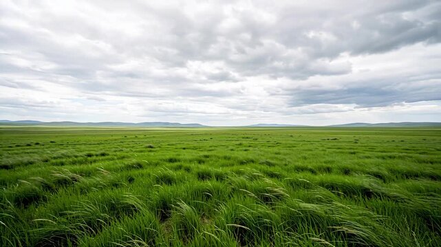 Vast Green Grassland Under Dramatic Cloudy Sky.