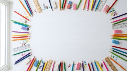 Obraz premium Colorful school supplies arranged in a frame on a white background.