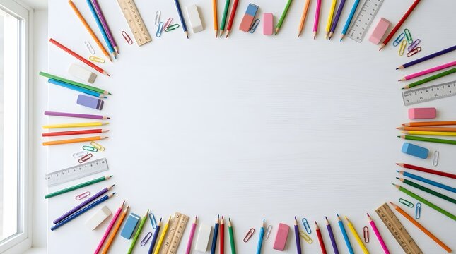 Colorful school supplies arranged in a frame on a white background.