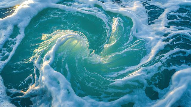 Top view of a swirling whirlpool in the deep blue ocean with white sea foam bubbles and sunlight reflecting on the moving water surface during a bright summer day at the beach