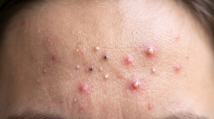 Fototapeta premium Extreme macro close-up of skin with severe acne pimples blackheads and enlarged pores. AI generated.