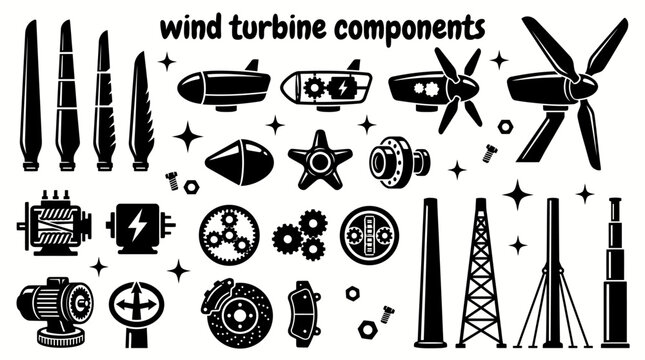 wind turbine components featuring rotor blades nacelles hubs generators gearboxes yaw systems braking units towers and electrical control equipment collection set vector for renewable energy