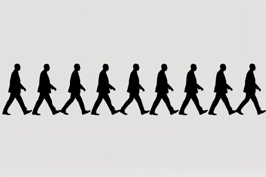 Silhouettes r&eacute;p&eacute;t&eacute;es d'un homme en marche sur fond blanc, concept de mouvement, progression, routine, r&eacute;p&eacute;tition, &eacute;volution et d&eacute;placement