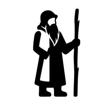 Mountain Hermit with Wooden Staff and Long Beard Vector Character Illustration