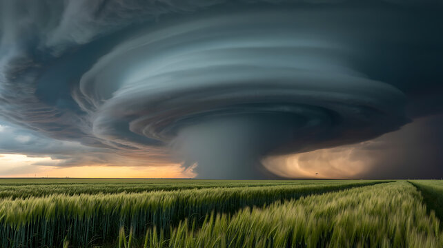 Massive supercell thunderstorm cloud forming above a green agricultural field at sunset with dramatic swirling dark clouds and dangerous weather conditions in the open countryside landscape