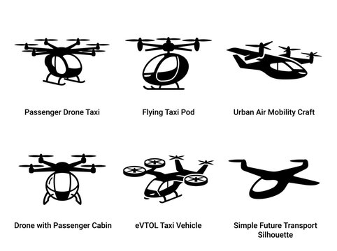 Silhouettes of passenger drone taxis and evtol urban air mobility vehicles