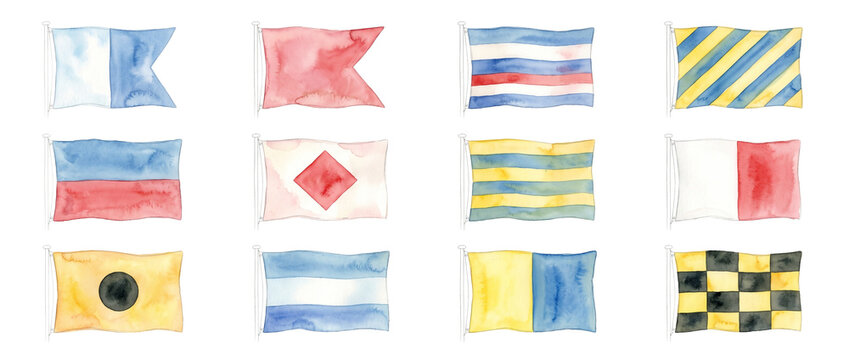Nautical signal flags watercolor set featuring colorful maritime signal code pennants, hand painted sea flag illustrations isolated on a dark black background for marine design projects.